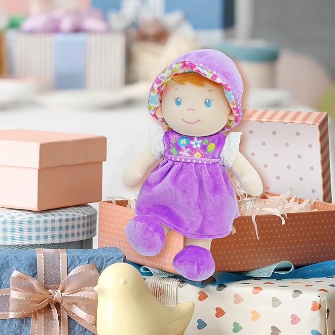 June Garden 12" Soft Dolly Laura - Stuffed Soft Baby Doll Gift for 1 2 3 Year Old Girls - Purple Dress