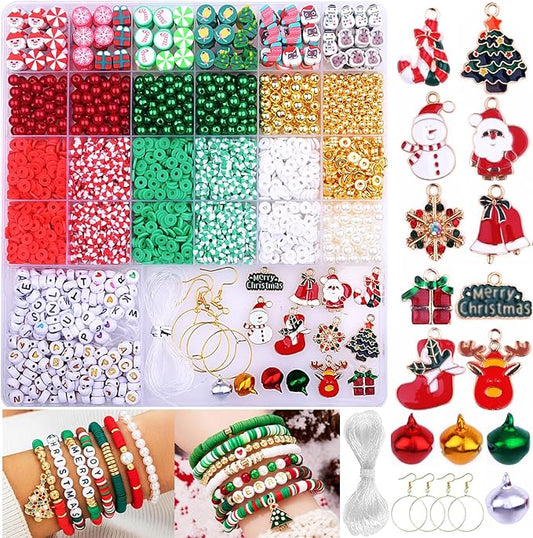3680pcs Christmas Polymer Clay Beads Charms for Bracelets Making Kit Christmas Tree Snowman Santa Claus Snowflakes Bells Socks elk Friendship DIY Arts Crafts Gifts for Kids Girls