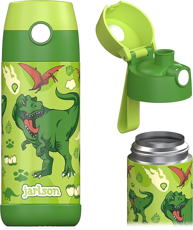Jarlson® Mali Children's Water Bottle, Thermal Stainless Steel Water Bottle, BPA-Free, Leak-Proof, Children's Bottle with Chug Lid, Bottle for School, Nursery (Dinosaur 'Star', 350 ml)
