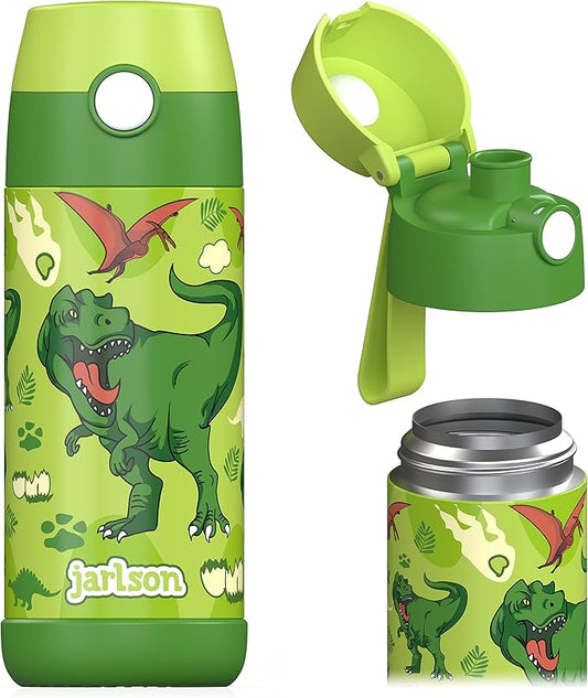 Jarlson® Mali Children's Water Bottle, Thermal Stainless Steel Water Bottle, BPA-Free, Leak-Proof, Children's Bottle with Chug Lid, Bottle for School, Nursery (Dinosaur 'Star', 350 ml)
