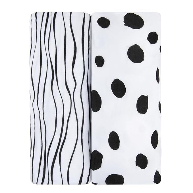 Crib Sheet Set | Toddler Sheet Set 2 Pack 100% Jersey Cotton Black and White Abstract Stripes and Dots