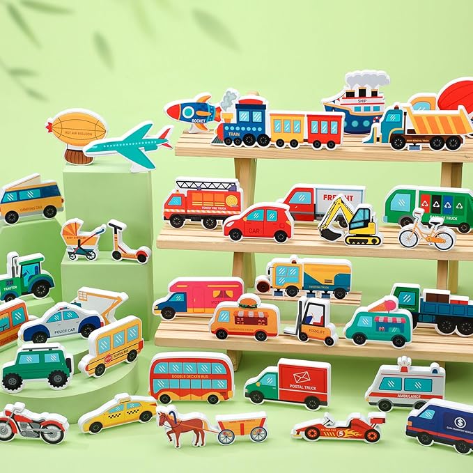 Kathfly 36 Pcs Wooden Community Helpers Community Wooden Toy Preschool Little Professionals Block Vehicles Set Multicultural Vehicles Creative Play for Social Learning, Educational Model