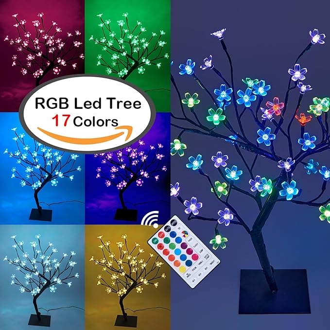 LIGHTSHARE 18 Inch Cherry Blossom Bonsai Tree, 48 LED Lights, RGB with Remote Control, 16 Color-Changing Modes, 24V UL Listed Adapter Included, Metal Base Ideal As Night Lights