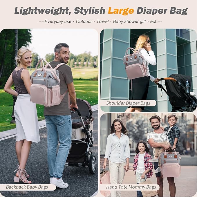 Diaper Bag Backpack: Tote Baby Bag for Boy and Girl, Large Mommy Bag Insulated Pockets Charger Holes for Men and Women, Nappy Bag for Baby Airplane Traveing Pink Gray