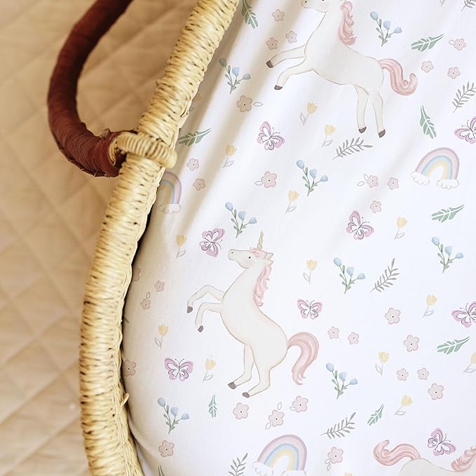 Baby Bassinet Sheets for Boy, Girl (Unicorn Blossom) 2-Pack - Fitted Bedside Bassinet Sheets - Buttery Soft Cotton Blend for Standard Mattress Pad - Compatible with Halo BassiNest