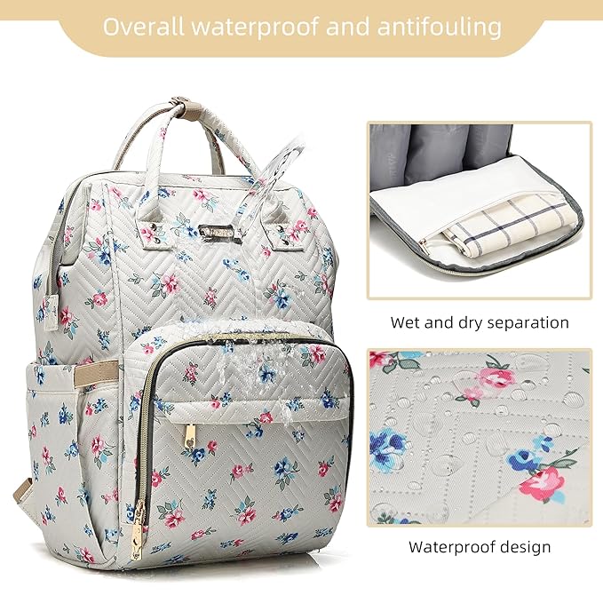 Diaper Bag Backpack, Diaper Bags for Baby Girls Boys, Baby Bags for Moms Dads, Nappy Changing Bag with Insulated Pockets,Multi-functional Waterproof Backpack with Stroller straps-Beige Flowers