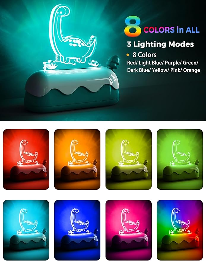 L LOHAS LED Cute Dinosaur Night Light, Kawaii Dinosaur Desk Lamp for Kids, Cute Desk Decor, USB Rechargeable, RGB, Night Light for Bedroom, Bedside, Living Room, Dining, Desk Decor, Gift