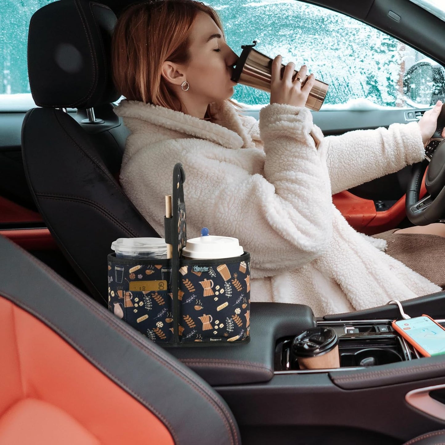 Beautyflier Drink Carrier with Handle for Delivery Reusable Insulated Coffee Cup Carrier Portable Cup Holder with Handle Organizer Tote Bag for Hot & Cold Drinks (2 Cup, Pattern3)