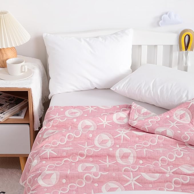 NTBAY 3 Layer Oversized Muslin Cotton Toddler Blanket, 45x60 Inches Jacquard Reversible Nursery Bed Blanket, Super Soft and Thermal Crib Blanket for All Seasons, Baby Gift, 45"x60", Pink Starfish