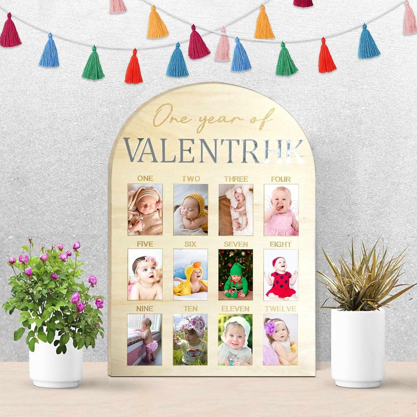 One Year Of Photo Board My First Year Milestone Board 12 Monthly Picture Frame Baby's First Year Wood Photo Board Acrylic Mirror Letters 1st Birthday Decoration Baby Keepsake Gift (2" x 3" photos - Wallet Size)