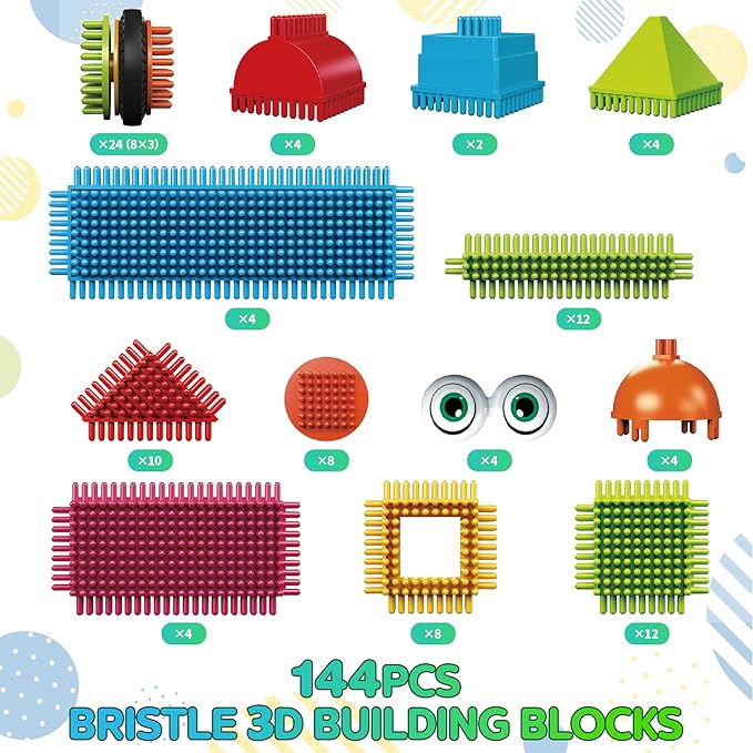 Contixo 244 pcs Bristle Shape 3D STEM Building Toys, Construction Learning Stacking Educational Block, Creativity Beyond Imagination, Inspirational, Safe & Durable, Recreational Toy for Kids Ages 3-8