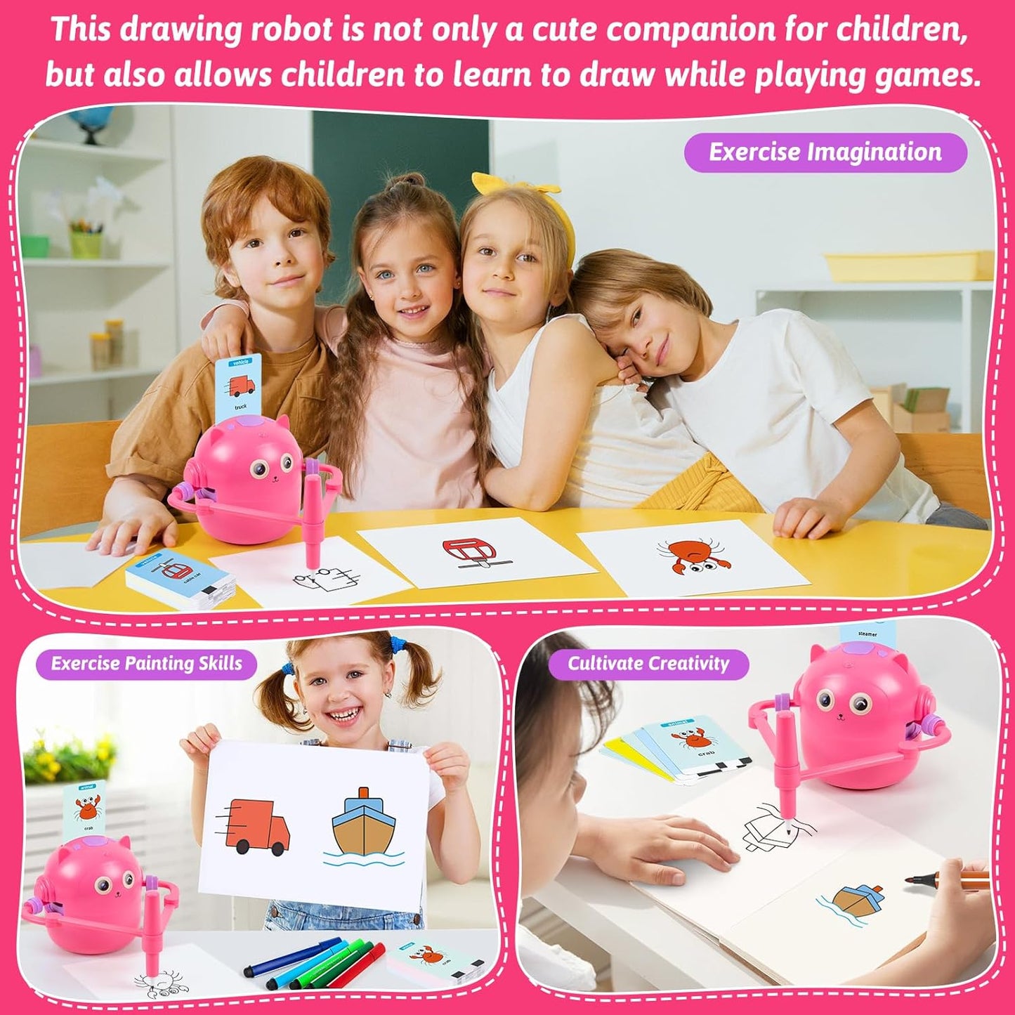 Drawing Robot for Kids, Interactive Educational Drawing Robot, Magic Painting Robot Toy with 100 Word Cards & 16 Color Pens for Girls and Boys Age 3+ (Pink)