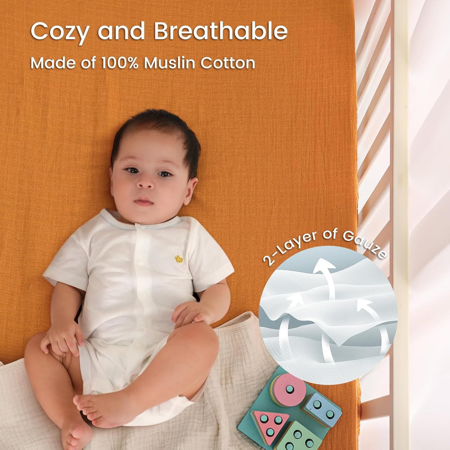 david's kids Muslin Crib Sheets for Boys Girls, 2 Pack 100% Cotton Soft Breathable Fitted Baby Sheet Set, 28x52 Inch Fits Standard Crib and Toddler Mattresses, Beige & Ginger