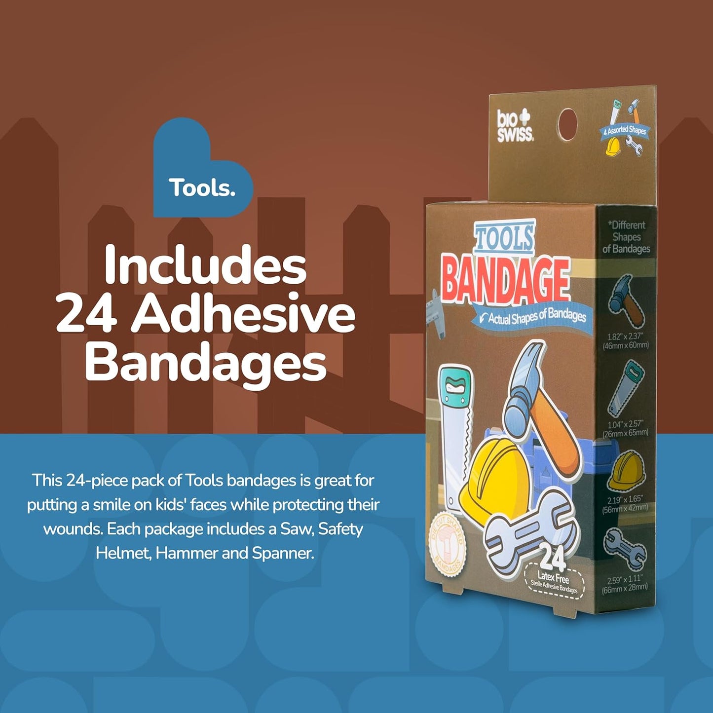 BioSwiss Bandages, Tools Shaped Self Adhesive Bandage, Latex Free Sterile Wound Care, Fun First Aid Kit Supplies for Kids and Adults, 24 Count