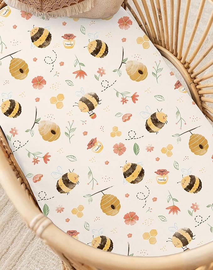 Bassinet Sheets for Baby Girls Boys 2 Pack, Fitted Baby Mattress Sheet for Rectangle, Oval, Hourglass Bassinet Mattress, Breathable Cozy & Universal Fit (Honeybee Dreams)