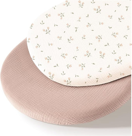 Muslin Bassinet Sheets for Babies – Soft & Breathable 100% Cotton Fitted Sheets for Oval, Rectangle, Hourglass Bassinet Mattress Pads, 2-Pack (Ivory & Pink)