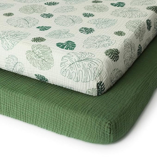 Blissful Diary Muslin Mini Crib Sheets, Pack and Play Mattress Sheets Fitted for Pack N Play, Soft Cotton for Boys Girls, 2 Pack(Monstera&Dark Green)