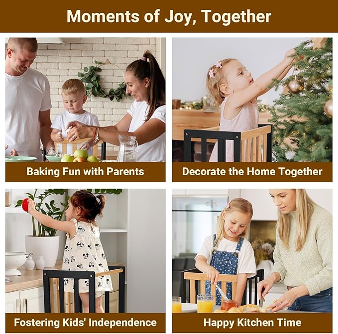 COSYLAND Kids Kitchen Step Stool Helper - Wooden Standing Tower for Kids with Anti-Tip Support Legs - Mothers' Helper Kids Learning Stool for Kitchen Counter (Black & Natural)