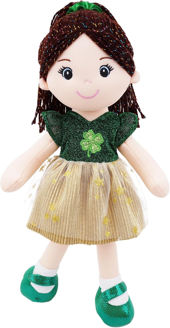 June Garden 14" Snuggle Cuties Clover Sophie - Saint Patrick's Day Soft Plush Doll - Huggable Irish Themed Rag Doll for Girls - Green Outfit