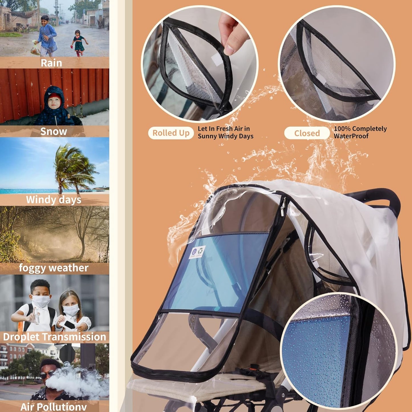 Bemece Stroller Rain Cover Universal Stroller, Travel Weather Shield Windproof and Waterproof Protect from Dust and Snow