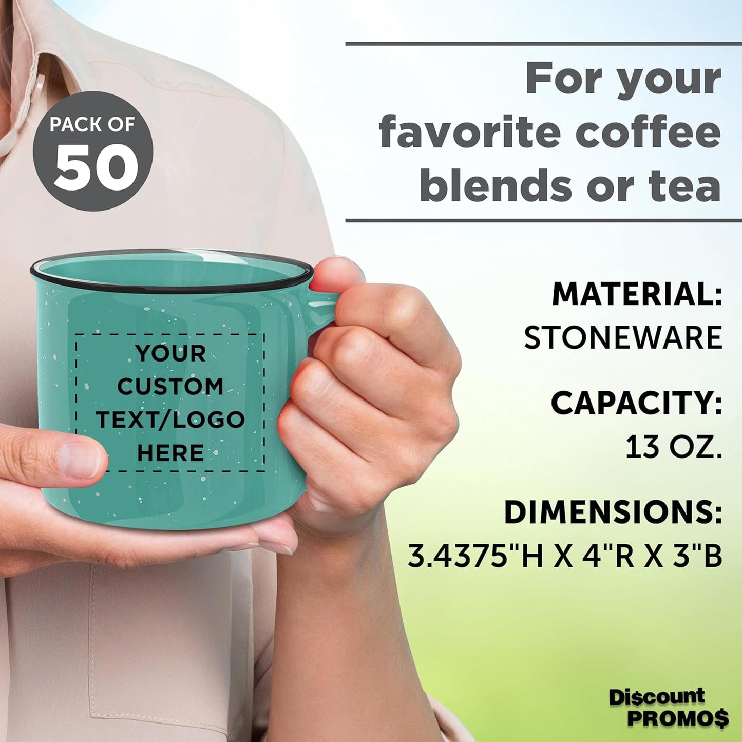 DISCOUNT PROMOS Custom Ceramic Campfire Coffee Mugs 13 oz. Set of 50, Personalized Bulk Pack - Perfect for Tea, Espresso, Cappuccino, Hot Cocoa - Mint