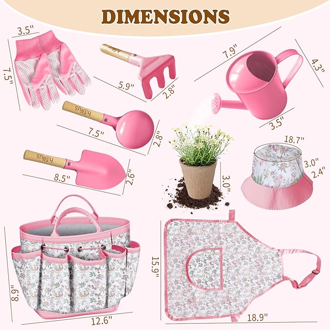 Kids Gardening Tool Set 18PCS Kids Toddler Gardening Set Includes Tote Bag Watering Can Apron Hat Rake Shovel Spoon Gloves Plant Pots and Labels, Outdoor Toys Gift for Boys Girls (Pink)