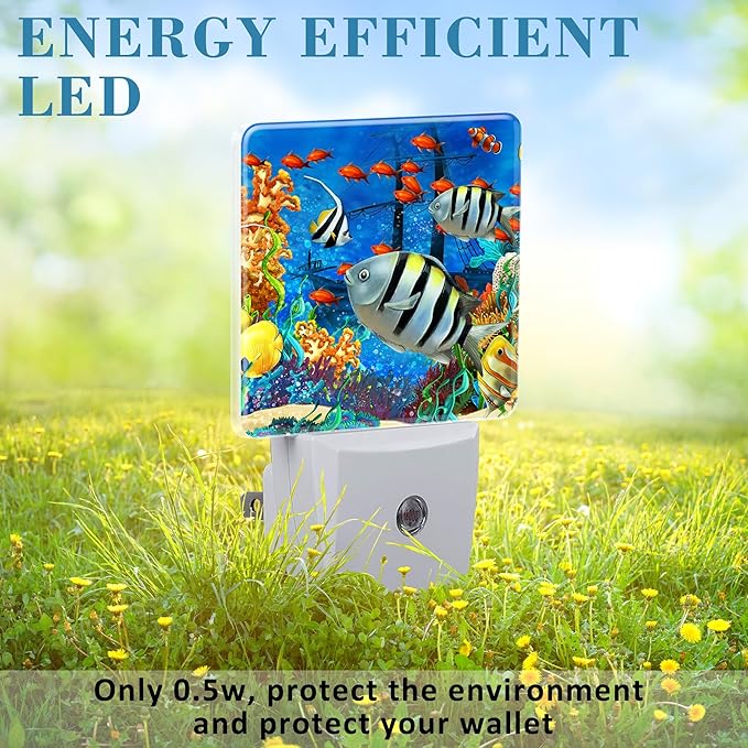 Cartoon Colorful Underwater World Night Light Plug into Wall with Dusk to Dawn Sensor Cute Nightlight for Kid Girls Boys Women Men Room Decor, Hallway, Kitchen, Bathroom, Nursery, Stairs