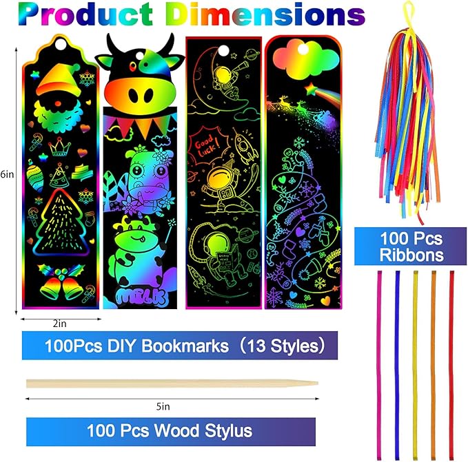 100 Sets Scratch Art Bookmarks Making Kit, DIY Crafts Animal Bookmarks for Kids with 100 Ribbons and 100 Wood Stylus for Boys Girls Classroom Activities Birthday Party Favors, 13 Styles(B)