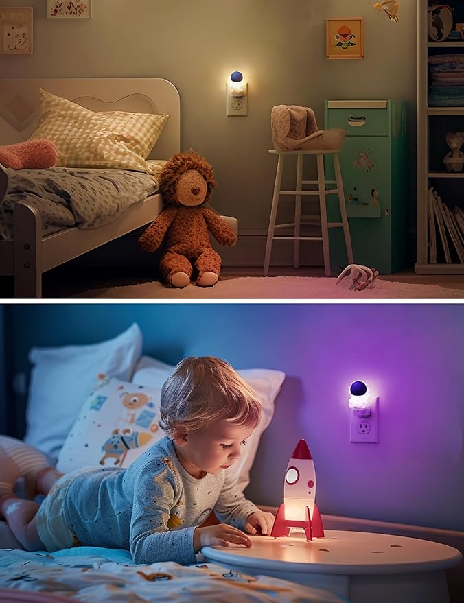 L LOHAS LED Night Light for Kids, 3D Space Night Light Plug in, Dusk to Dawn Nursery Night Lights, RGB+Soft White 3000K, 3 Lighting Modes, Room Decor, Children