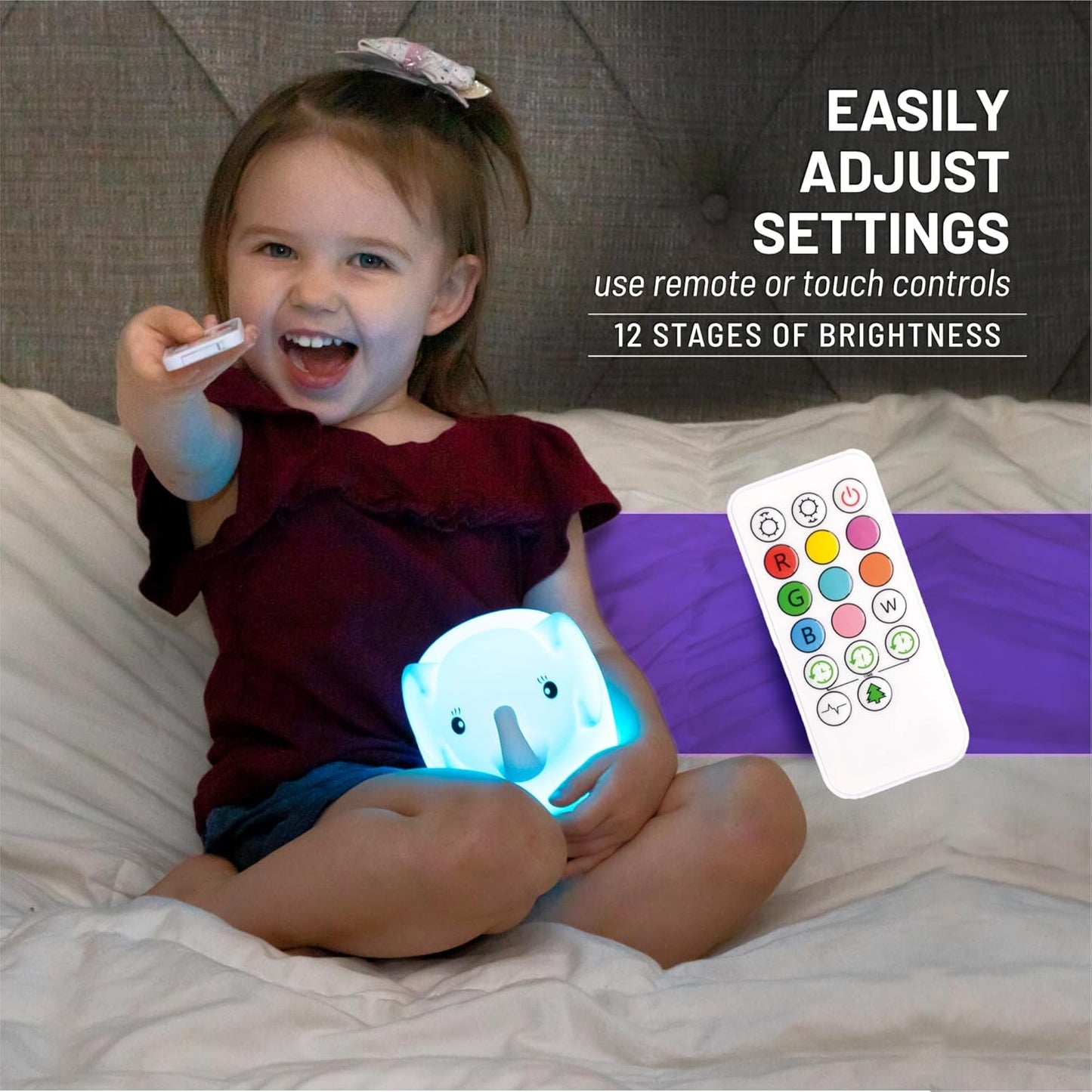 Lumipets Remote Control Silicone Night Light for Kids - Elephant Design with 9 Soft Colors & Sleep Timer - Rechargeable, Battery-Operated Lamp for Bedroom | Baby Nursery, Toddler, Girls, Boys