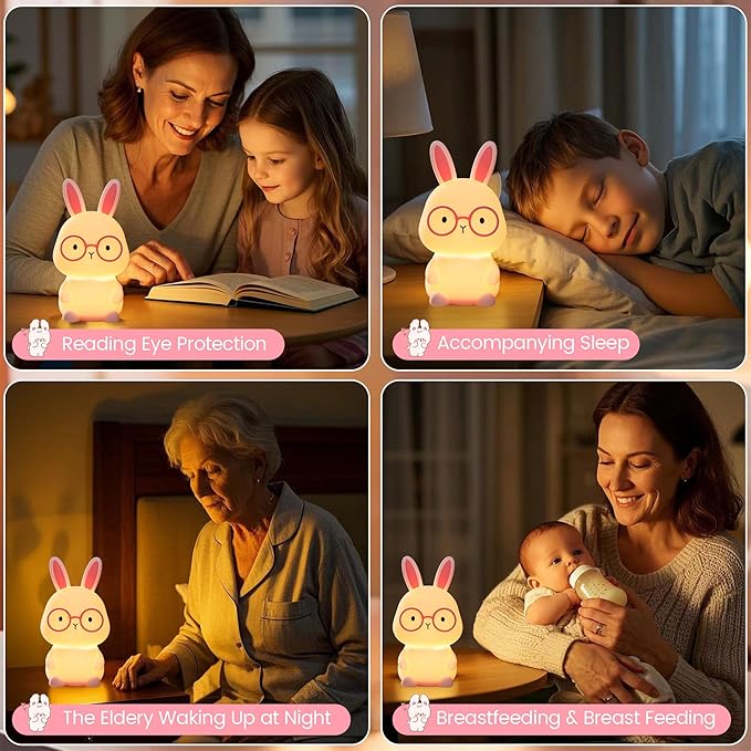 Bunny Night Light for Kids, Soft Silicone Nursery Lamp, 7-Color Glow, 3-Level Dimmable Warm Light, Tap Control, 30Min Timer, Rechargeable, BPA-Free, Easter & Birthday Gift, Baby Room Decor, Pink