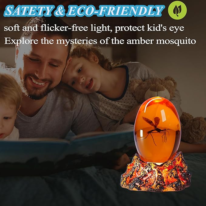 Jurassic 3D Mosquito in Amber Resin, Mosquito Resin with Volcanic Lava Lamp Base with Remote 16 Colors Flshing RGB Dimmmable, True 3D 3.3 Inches Tall Dinosaur DNA Replica Paper Weight Gifts