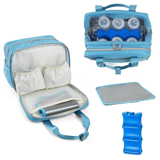 Breastmilk Cooler Bag with Ice Pack,Fits 6 Baby Bottles Up to 9 Ounce Breast Milk Cooler Travel Bag Compatible with Wearable Breast Pumps & Accessories for Nursing Mom Daycare Blue