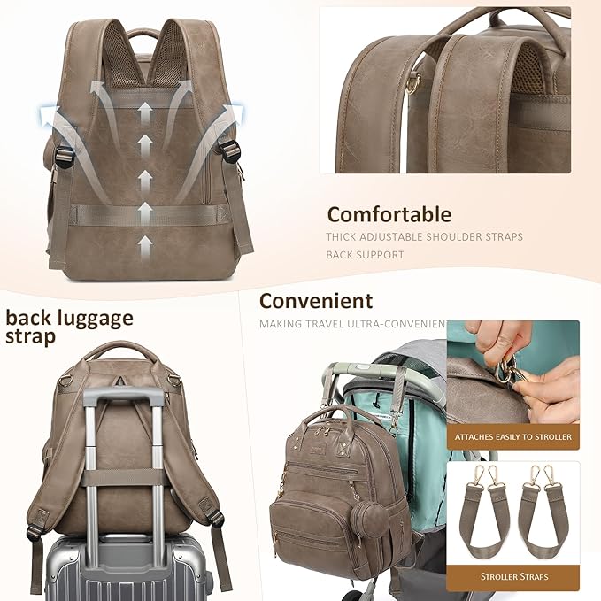 Premium Vegan Leather Diaper Bag Backpack with Waterproof Changing Pad, Reinforced Zippers & Odor-Free, 20 Pockets Pro Organizer, Fits 15.6" Laptop, Stroller Straps, Baby Bag for Mom, Taupe