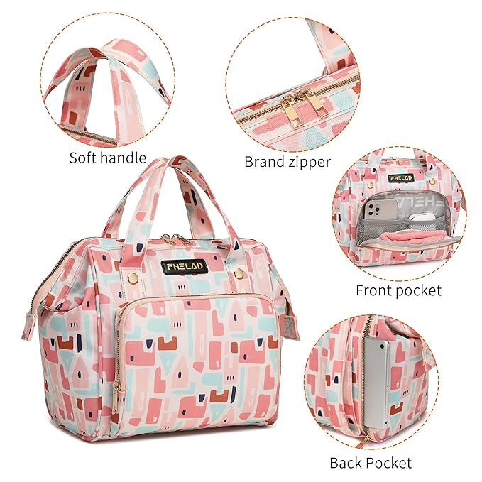 Pink Small Diaper Bag Backpack Diaper Tote Bag Printed, Waterproof Multi-Function Mini Tote Maternity Bags Travel Backpacks with Insulated Pockets, Pink