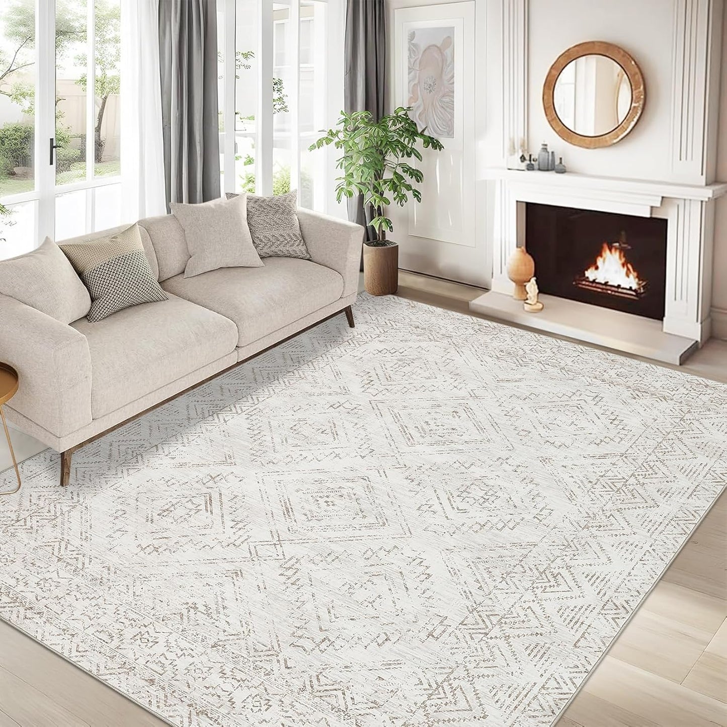 COZYLOOM 10x13 Area Rug Living Room Washable Rugs Stain Resistant for Bedroom Soft Floor Carpet Non Slip Distressed Geometric Carpet for Dining Room Laundry Room Office, Ivory