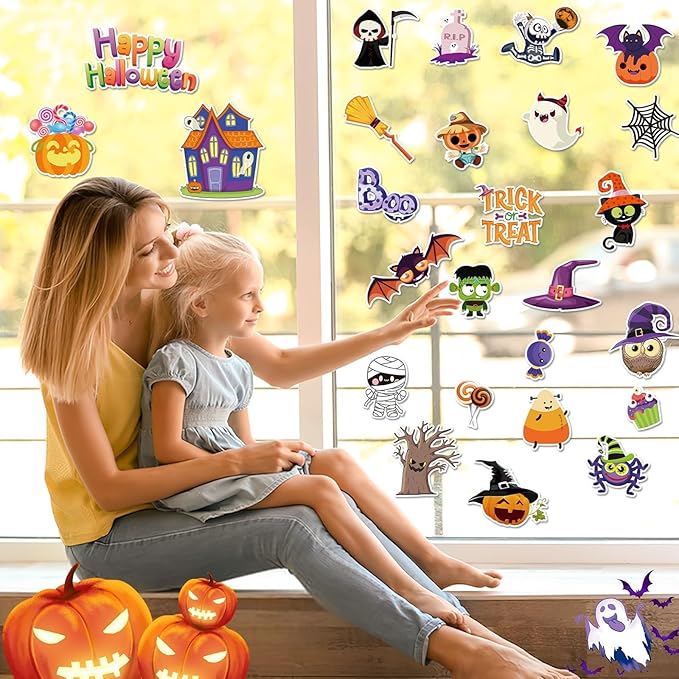 MARFOREVER 25 PCS Halloween Window Gel Clings, Halloween Pumpkins Ghosts Bats Window Thick Gel Clings Decals Stickers for Happy Halloweens Classroom Nursery Home Party Supplies Decorations