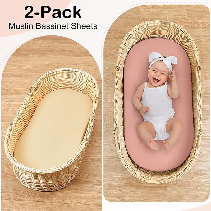 Baby Bassinet Sheets TPU Waterproof 2 Pack Soft Muslin Bedside Bassinet Mattress Sheets with Bottom Elastic Band for Baby Boy Girls Unisex Fit Hourglass Oval and Rectangle, Pink Beige