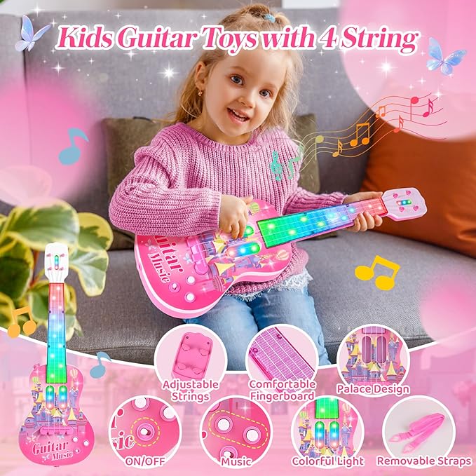 Kids Guitar and Microphone Playset, Musical Guitar Play Set with Adjustable Stand,Toy Guitar Starter Kit with 4 Strings, Electric Guitar Karaoke Toys with Music Lights for Boys Girls