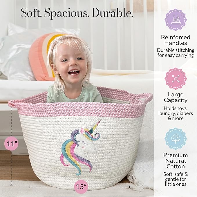 Unicorn Storage Basket for Nursery – Large 15”x11” Cotton Rope Bin with Soft Felt Animal Patch – Toy Organizer, Baby Laundry Hamper, Diaper & Towel Holder – Foldable, Washable & Baby-Safe