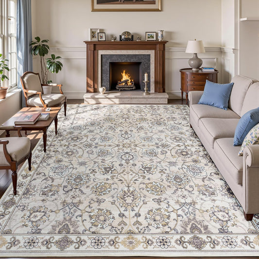 Floral 8x10 Area Rugs for Living Room, Washable Large Bedroom Rug, Soft Non Slip Carpet, Stain Resistant Low Pile Carpets for Indoor Under Table Dining Home Office Nursery, Beige