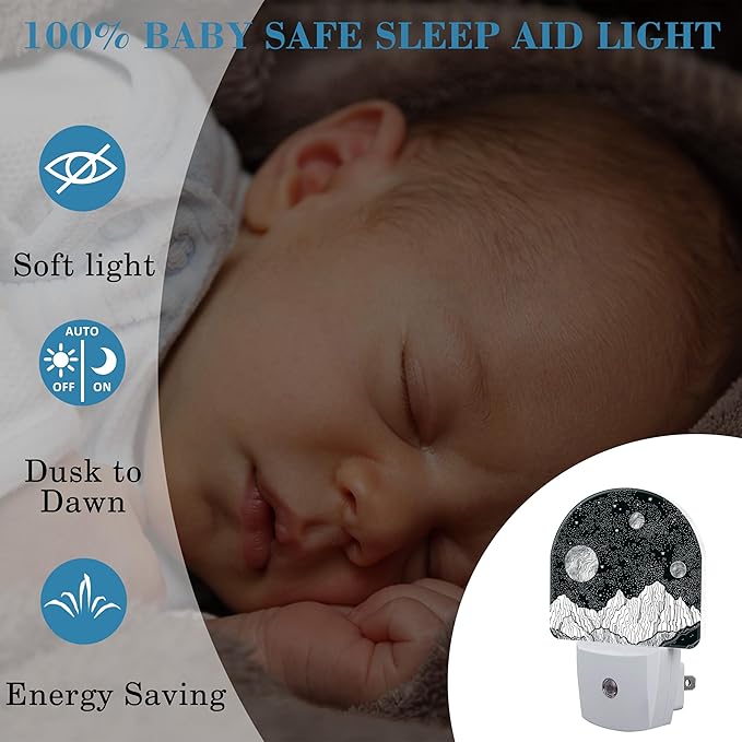 Mountains and Starry Sky Night Light Plug into Wall with Dusk to Dawn Sensor Cute Nightlight for Kid Girls Boys Women Men Room Decor, Hallway, Kitchen, Bathroom, Nursery, Stairs