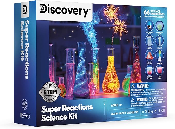 Discovery™ Super Reactions Science Kit – 66 Experiments STEM Lab for Kids| Includes Chemistry Tools, Volcano Mold, Slime, Reactions & Explosions|Educational Learning Toy|DIY Activity Set Gift| Ages 8+