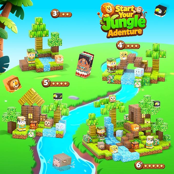 150 Magnetic Blocks – Mine Magnet Game Building Craft, STEM Constructions Toy, Jungle Adventure, Sensory Stacking Cubes Kids Toys, Christmas Birthday Gifts for Boys Girls Age 3-5, 5-7, 4-8, 8-12