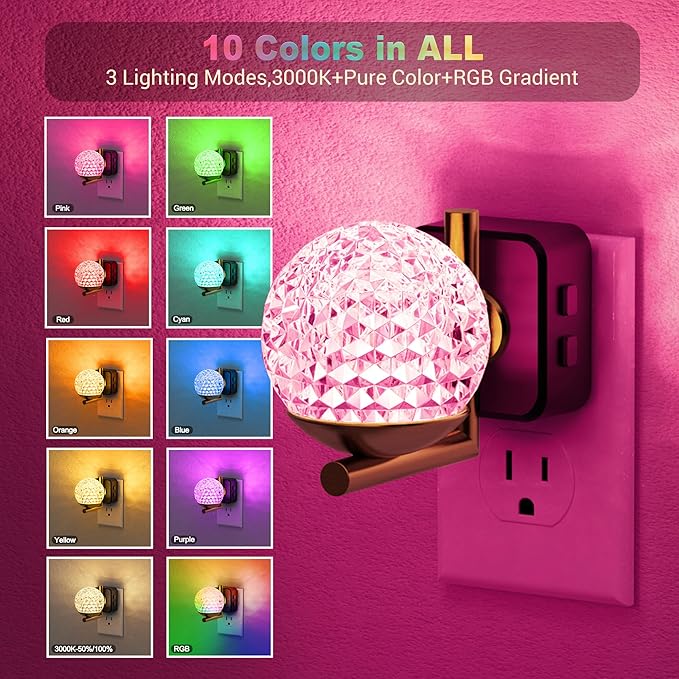 JandCase LED Night Light, 3000K Warm White & RGB Color Changing Night Lights Plug into Wall, Dusk to Dawn Light Sensor, 180° Rotatable Plug in Nightlights for Bathroom, Bedroom, Hallway 2 Pack