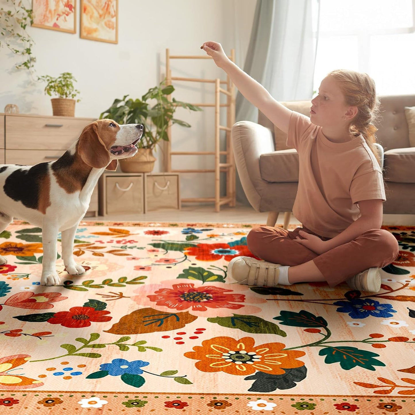 Floral 6x9 Area Rug Machine Washable Soft Print Boho Carpet Non Slip Doormat Low Pile Flower Area Rugs for Living Room Bedroom Nursery Kitchen Dining Room Indoor-Light Orange