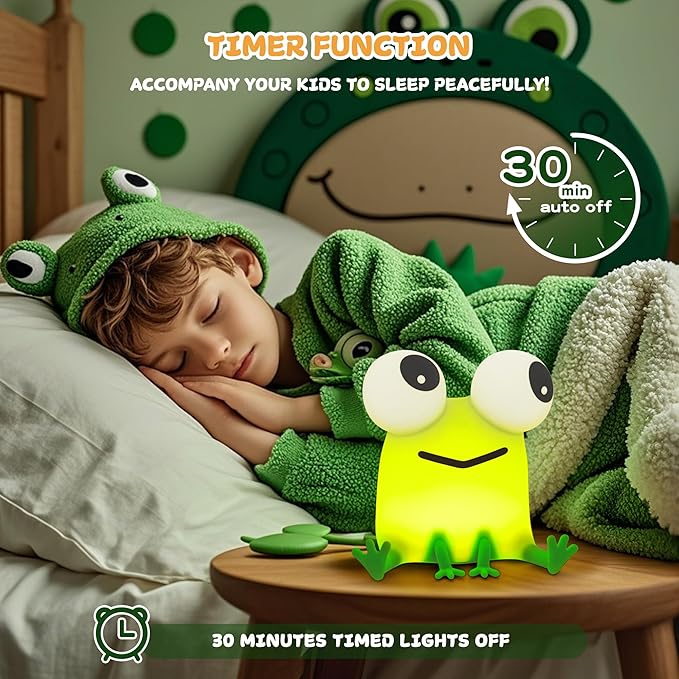 Cute Frog Night Light, LED Silicone Squishy Novelty Animal Lamp,3 Levels Dimmable/Timer Nursery Nightlight for Kids, Rechargeable Touch Bedside Lamp, Bedroom/Dorm Decor, Baby Boys Girls Gifts