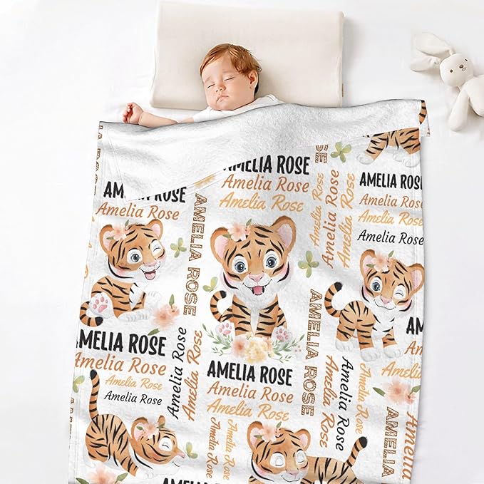 Personalized Baby Blanket for Girls Boys Kids Tiger Custom Baby Blanket with Name Throw Birthday Gift for Toddlers Infants Shower Newborns Nursery Stroller Crib Bed Decor