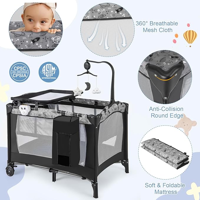 HONEY JOY Pack and Play, 4 in 1 Portable Baby Playard with Bassinet, Changing Table, Lockable Wheels, Music Box, Foldable Travel Baby Crib Nursery Center from Newborn to Toddler (Dark)