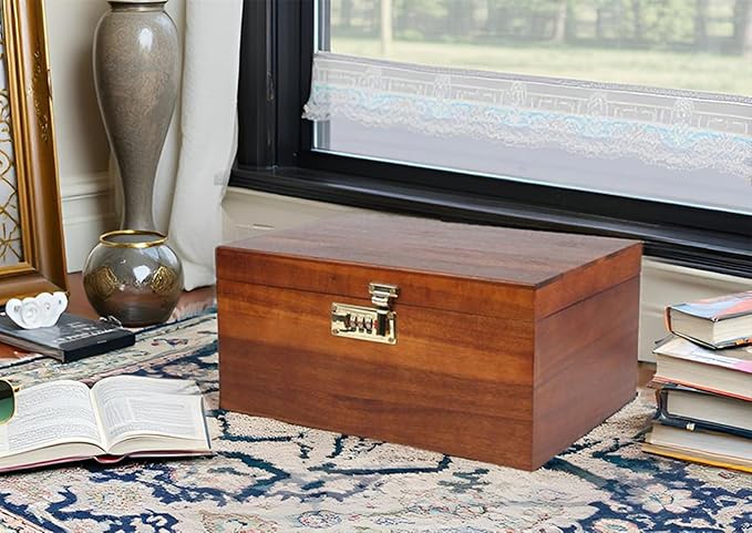 Large Wooden Storage Box with Combination Lock, 12.5 IN Acacia Wood Keepsake Box with Lid for Storage Trinkets, Jewelry, Card, Photo, Wooden Lock Decortive Case for Home -WB005-X Large